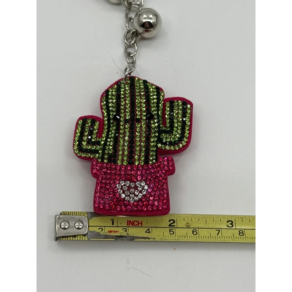 Pink Rhinestone Cactus Keychain with Tassel and Bell Bag Charm Accessory